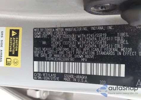 2012 Toyota Highlander Limited V6 z USA, uszkodzony, nr VIN 5TDYK3EH6CS088180